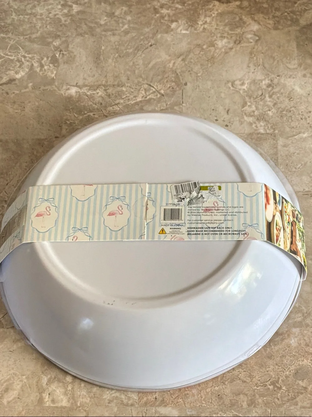 Tahari  Pink and Light Blue Striped Salad Bowl with Matching Utensils